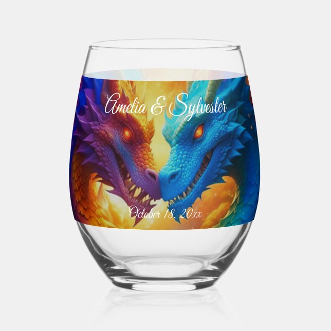 Colourful Dragons in Love Stemless Wine Glass (Front)