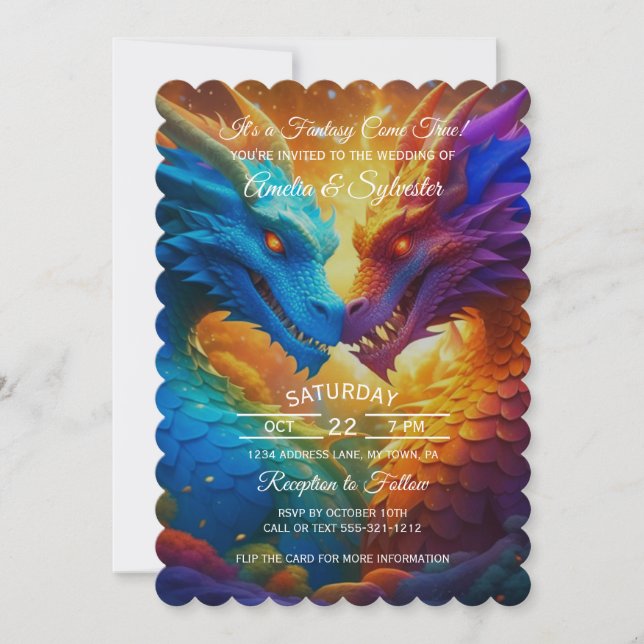 Colourful Dragons in Love Wedding Invitation (Front)