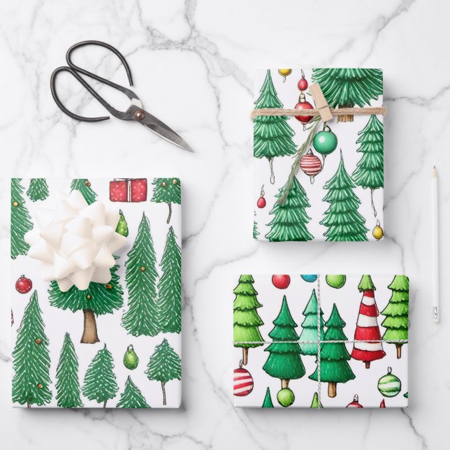 Colourful Drawings Christmas Tree Wrapping Paper Sheet (Front)