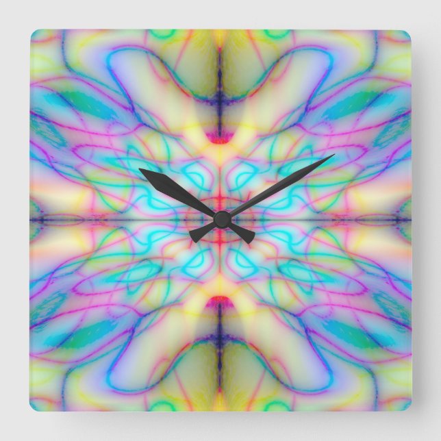 Colourful drawn pattern square wall clock (Front)