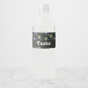 Colourful dream catchers on black water bottle label