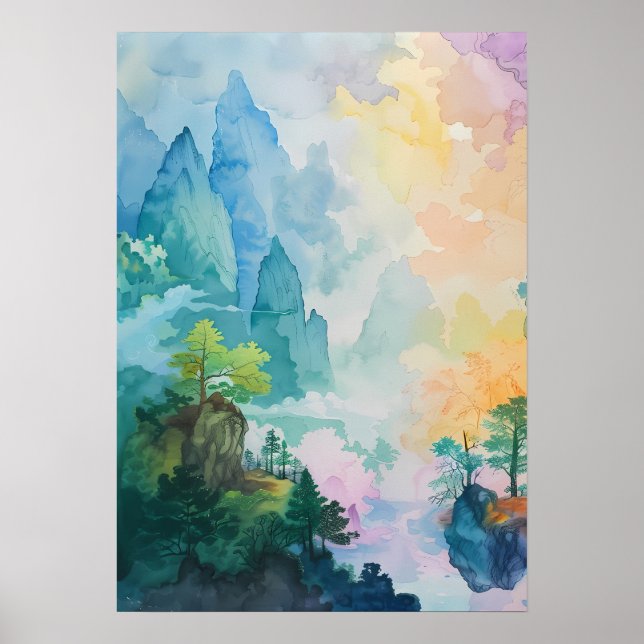 Colourful Dreamscape with Trees and Mountains Poster (Front)