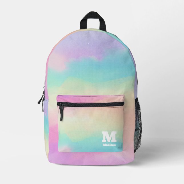 Colourful Dreamy Pastel Watercolor Monogram Name Printed Backpack (Front)