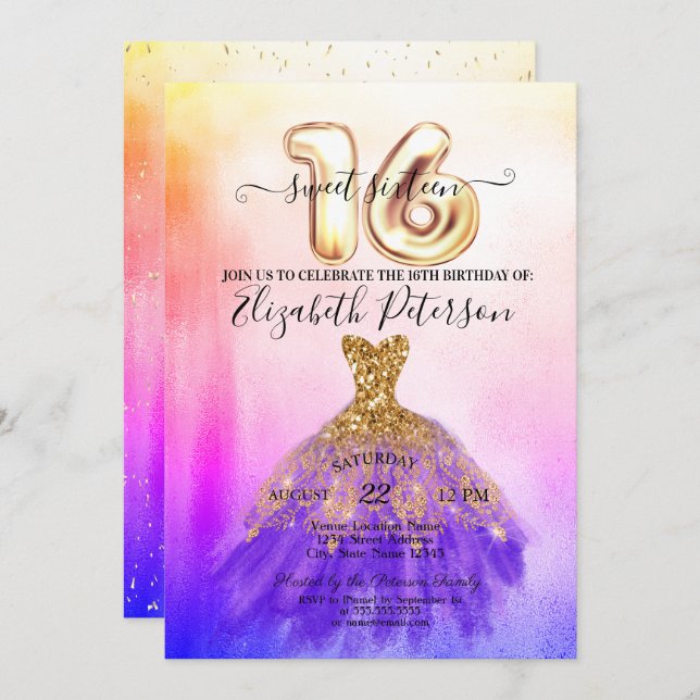 Colourful Dress Confetti Ombre Sweet 16  Invitation (Front/Back)