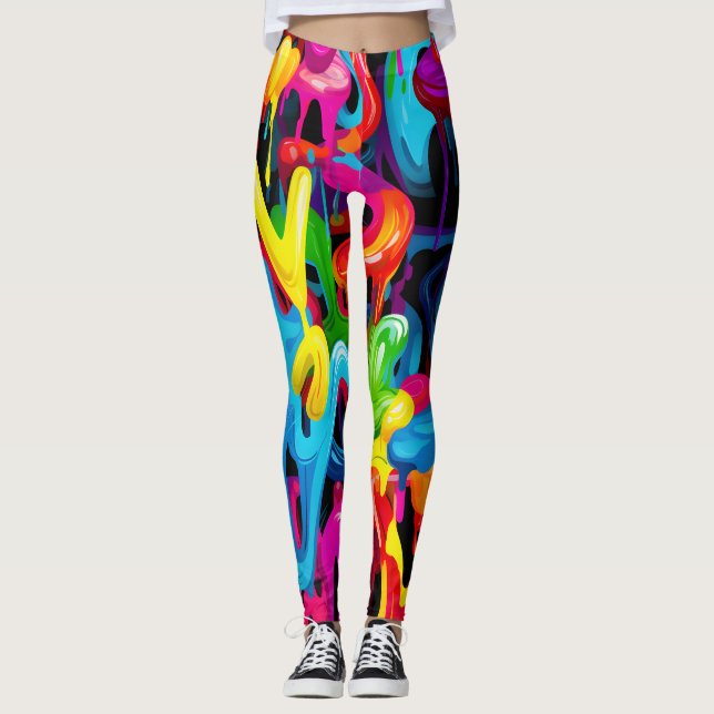 Colourful Drip Art: Abstract Graffiti Pattern Leggings (Front)