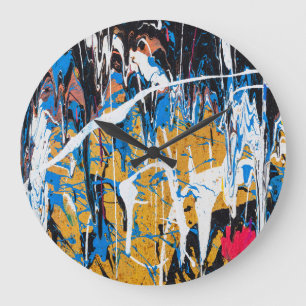 Colourful dripping paint: graffiti wall. large clock