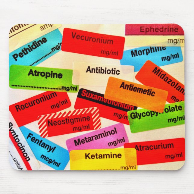 Colourful drug label mousepad (Front)