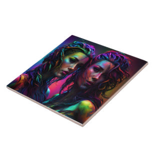 Colourful Dual Portrait of Women With Curly Hair Ceramic Tile