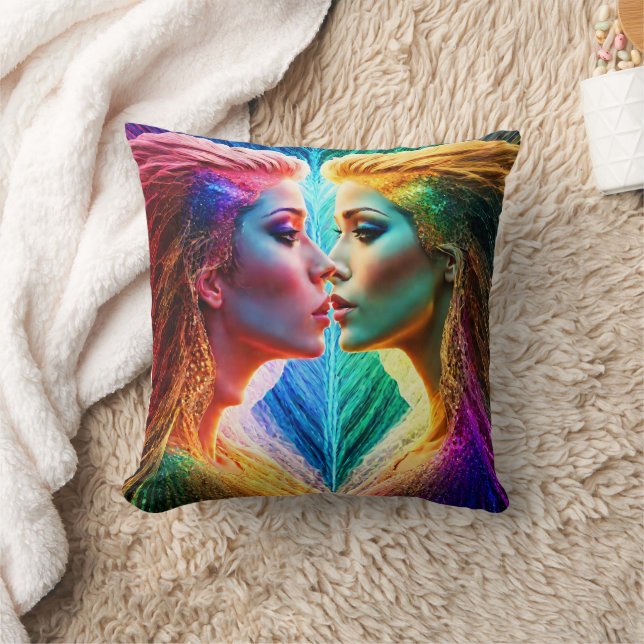 Colourful Dual Portrait of Women With Vibrant Hair Cushion (Blanket)