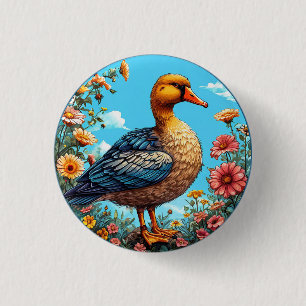 Colourful Duck Standing Amid Vibrant Flowers 3 Cm Round Badge