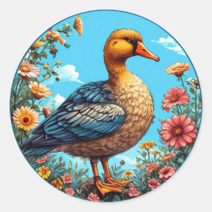 Colourful Duck Standing Amid Vibrant Flowers Classic Round Sticker