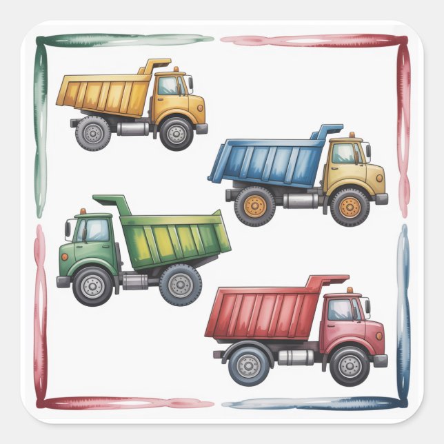 Colourful Dump Trucks 4th. Birthday Party Square Sticker (Front)
