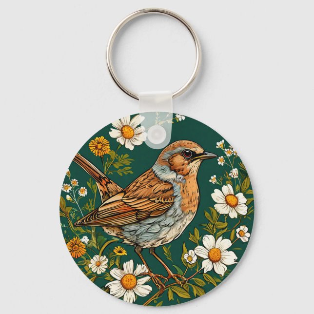 Colourful Dunnock Bird Amid Blooming Flowers Key Ring (Front)