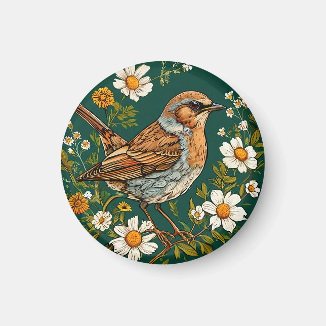 Colourful Dunnock Bird Amid Blooming Flowers Magnet (Front)