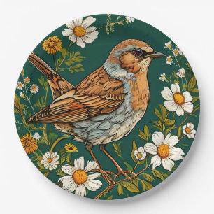 Colourful Dunnock Bird Amid Blooming Flowers Paper Plate