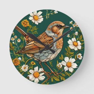 Colourful Dunnock Bird Amid Blooming Flowers Round Clock