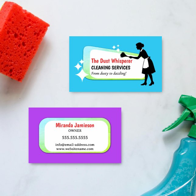 Colourful Dusting Maid Professional Cleaning Busin Business Card (Colorful and retro dusting maid professional cleaning business card front and back.)