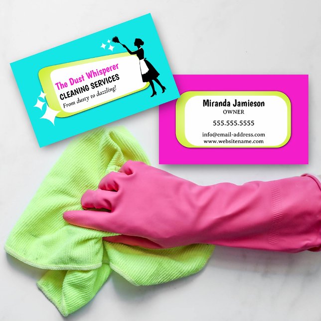 Colourful Dusting Maid Professional Cleaning Business Card (Colorful dusting maid professional cleaning business card front and back.)