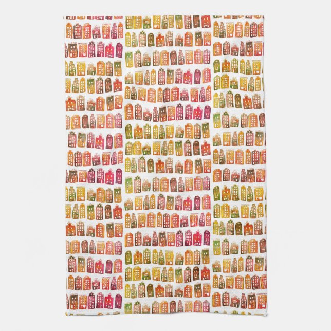 Colourful Dutch Houses Amsterdam Pattern Red Yello Tea Towel (Vertical)