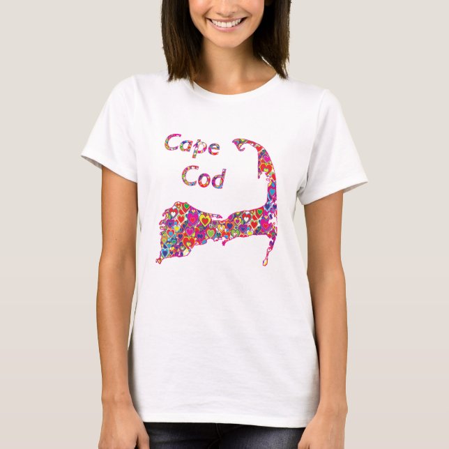 Colourful Dynamic Heart-Filled Map of Cape Cod T-Shirt (Front)