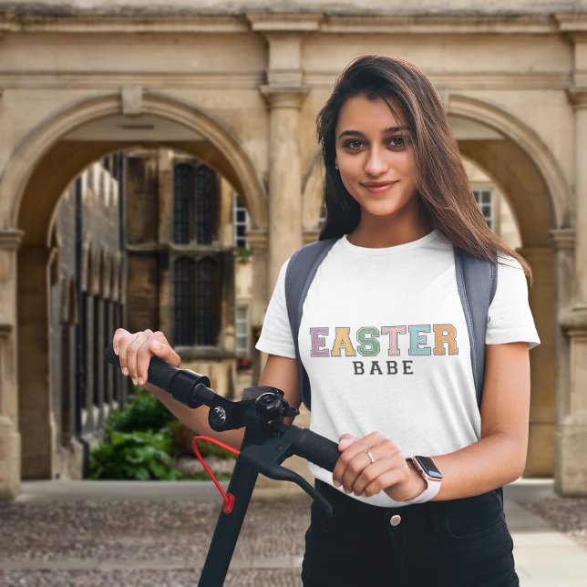 Colourful Easter Babe Varsity Style Text on White T-Shirt (Creator Uploaded)