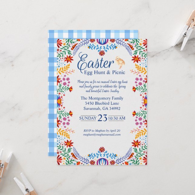 Colourful Easter Blue Gingham Egg Hunt Invitation (Front/Back In Situ)