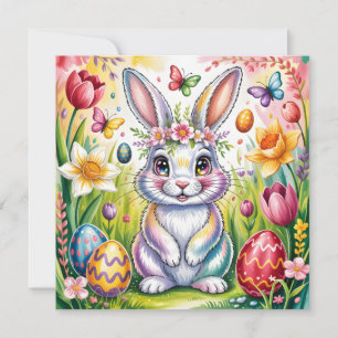 Colourful Easter Bunny Illustration with Crown  Holiday Card