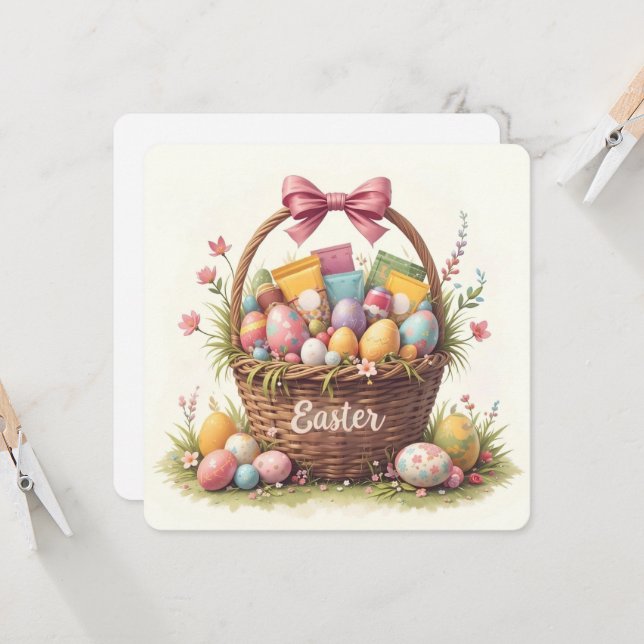 Colourful Easter Egg Basket Art Invitation (Front/Back In Situ)