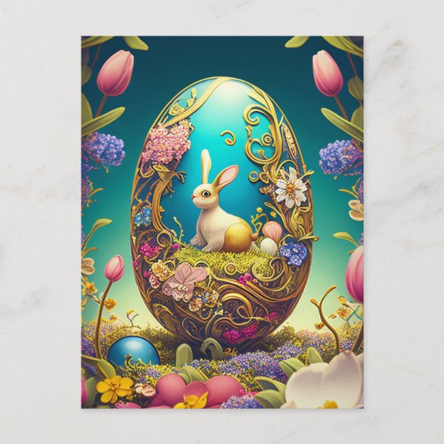 Colourful Easter Egg, Bunny and Spring Flowers Postcard (Front)