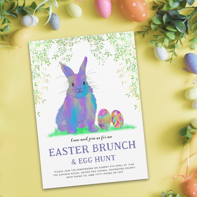 Colourful Easter Egg Hunt Brunch Cute Bunny Eggs Invitation Postcard (Easter egg hunt brunch cute purple bunny and eggs watercolor garden party postcard invitation)