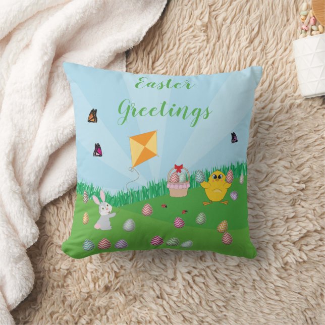 Colourful Easter Egg Hunt Bunny Chick  Cushion (Blanket)