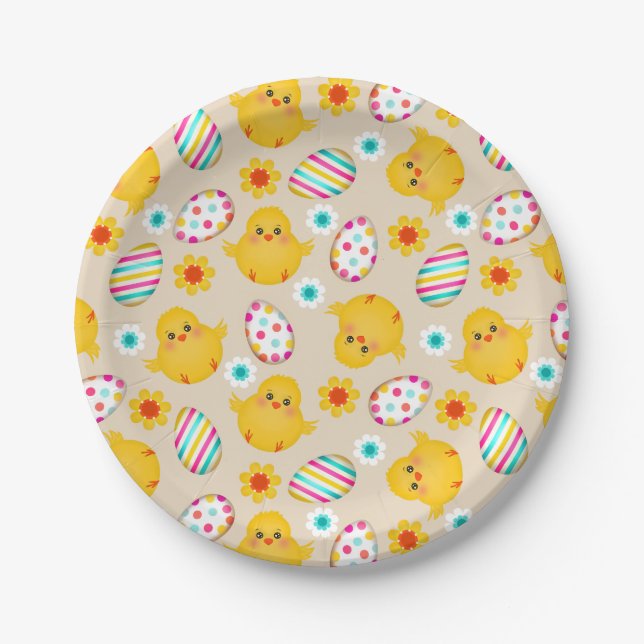 Colourful Easter Eggs and Chicks Pattern Paper Plate (Front)