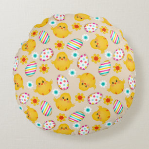 Colourful Easter Eggs and Chicks Pattern Round Cushion