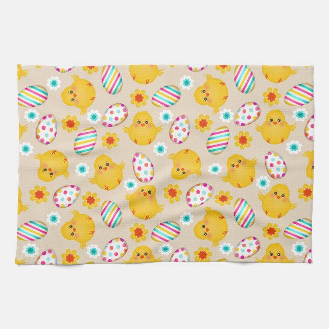 Colourful Easter Eggs and Chicks Pattern Tea Towel (Horizontal)