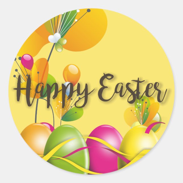 Colourful Easter Eggs and Flowers Classic Round Sticker (Front)