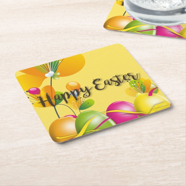 Colourful Easter Eggs and Flowers Square Paper Coaster (Angled)