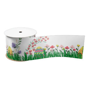 Colourful Easter Eggs and Spring Flowers Satin Ribbon
