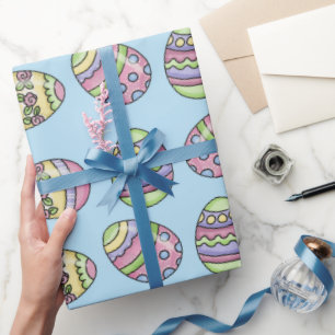 Colourful Easter Eggs. Blue Background. Wrapping Paper