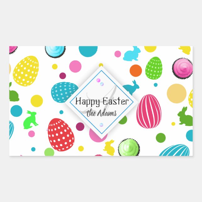 Colourful Easter Eggs , Bunnies, Cupcakes Monogram Rectangular Sticker (Front)