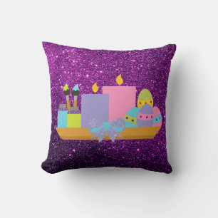 Colourful Easter Eggs & Candles Purple Faux Glitte Cushion