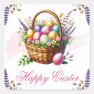 Colourful Easter Eggs in Basket Happy Easter Square Sticker