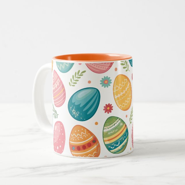 Colourful Easter Eggs Pattern Two-Tone Coffee Mug (Front Left)