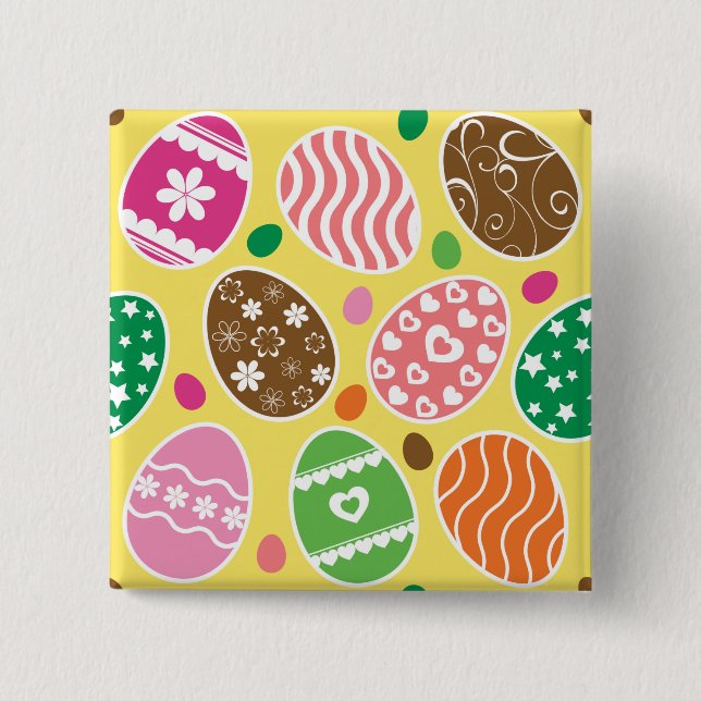 Colourful Easter Eggs Pattern Yellow Background 15 Cm Square Badge (Front)