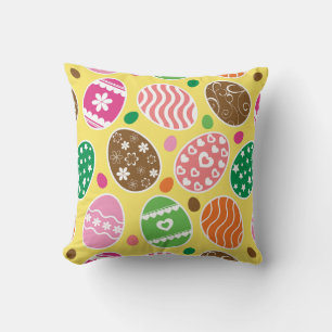 Colourful Easter Eggs Pattern Yellow Background Cushion