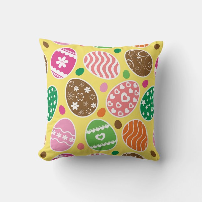 Colourful Easter Eggs Pattern Yellow Background Cushion (Front)