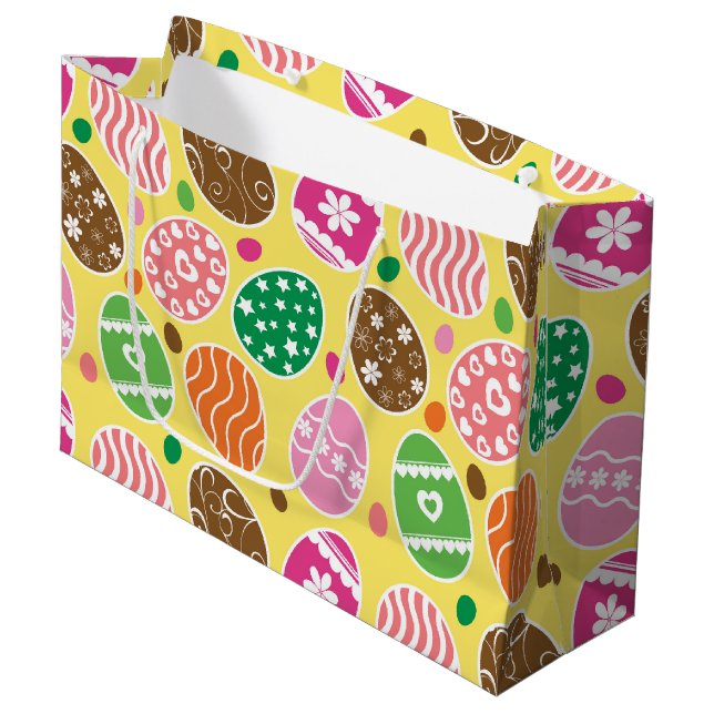 Colourful Easter Eggs Pattern Yellow Background Large Gift Bag (Front Angled)