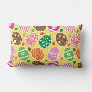 Colourful Easter Eggs Pattern Yellow Background Lumbar Cushion