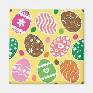 Colourful Easter Eggs Pattern Yellow Background Magnet