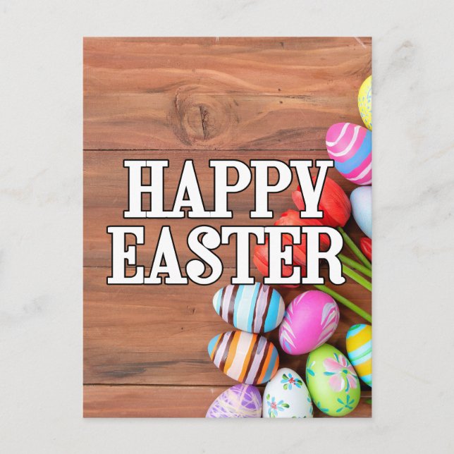 Colourful Easter Eggs & Tulip Flowers Postcard (Front)