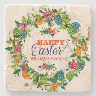 Colourful Easter Eggs Wreath Happy Easter Stone Coaster